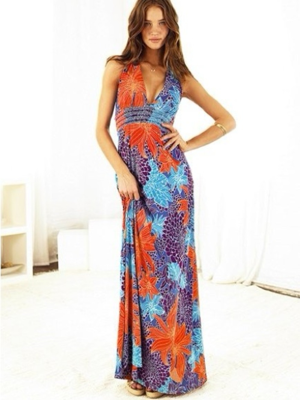 Moda International Orange & Blue Floral Halter Maxi Dress